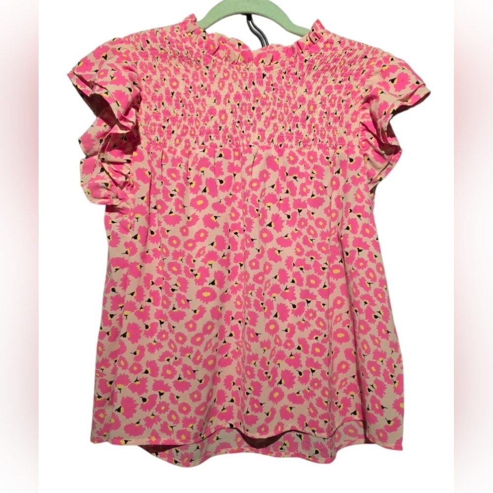 THML EUC Small Pink Floral Smocked Blouse PTP 19